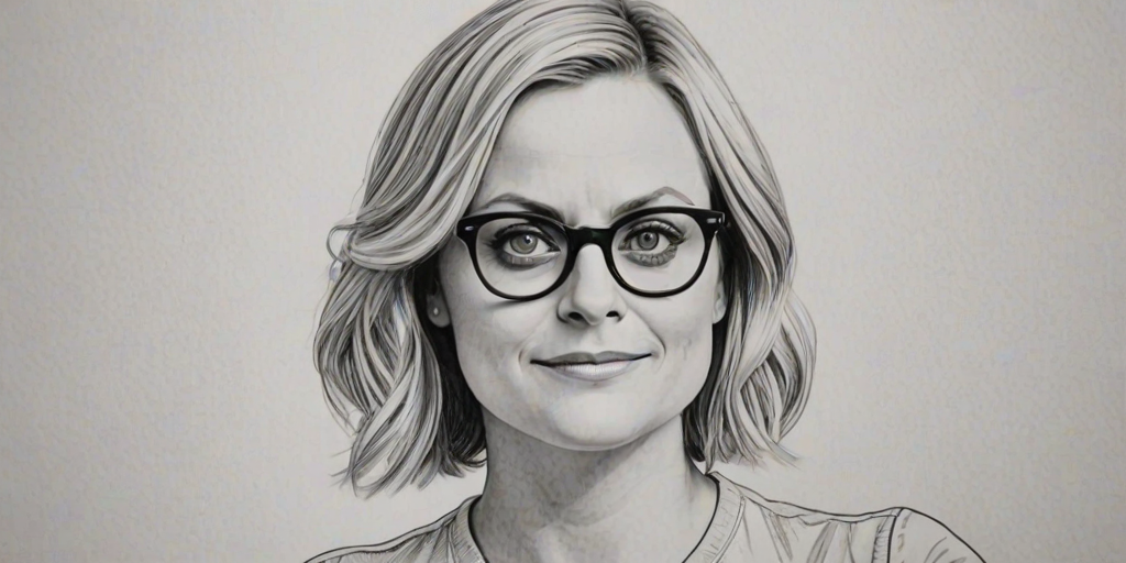 Comely Amy Poehler, pencil sketch, portrait of Captivating woman 1976s in glasses, hair style beatnik, outline, clear lines, fine lines, 8k
