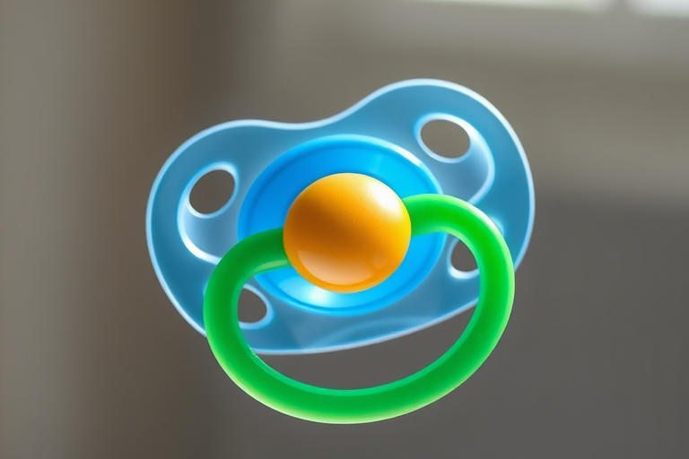 Create a high-resolution digital illustration of a pacifier with a blue dome, golden nipple, and green ring, using a Nikon D850, 50mm lens, f/1.8 aperture, ISO 100, in bright natural lighting and a soft-focus background.