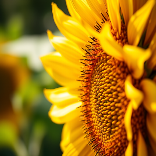 Close-up of a vibrant sunflower with intricate details of the petals and seeds, natural sunlight, f/2.8 aperture, 50mm lens, ISO 100, soft focus background, shot with a DSLR camera for high clarity and rich colors.