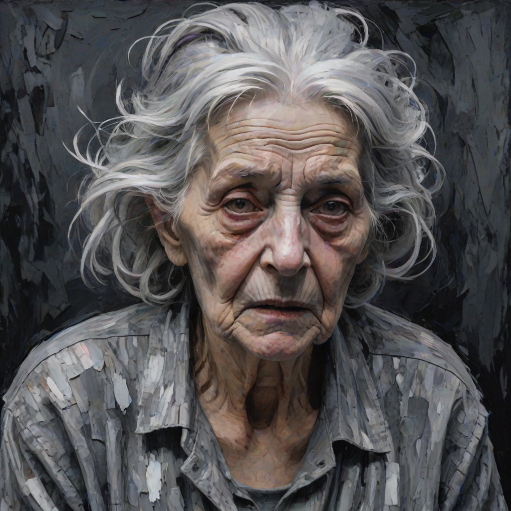 Final exit party. Dark Moody impasto dark picture edges. old woman. grey untidy hair streaked with white and pastel muted colours. include whole head and neck and shoulders. death lurks in the background.