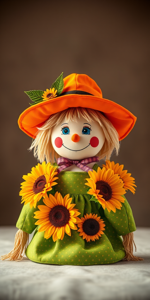 Create a high-resolution image of a colorful scarecrow doll wearing a bright orange hat and a green dress with sunflowers, captured with a DSLR camera at f/2.8, ISO 100, shutter speed 1/250s, in a well-lit studio setting with a soft-focus background.