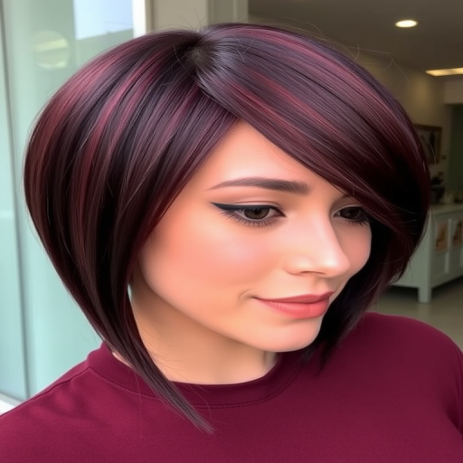 Rich burgundy bob named "Velvet Noir" with glossy finish and asymmetrical cut, featuring a deep side part and sleek, straight styling for a sophisticated look