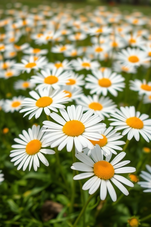 Create a vibrant field of white daisies with yellow centers, shot with a DSLR camera at f/2.8 aperture, 1/200 sec shutter speed, ISO 100, taken from a low angle with a shallow depth of field to enhance foreground focus, using natural lighting for a bright, fresh feel.