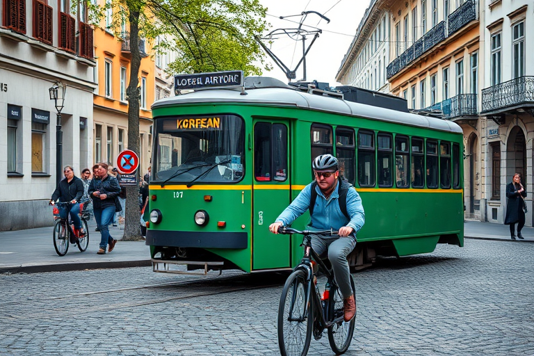 regenerate the image of a green and yellow tram on a cobblestone street with a cyclist in the foreground, use a DSLR camera with a 24mm lens, aperture set to f/8, ISO 400, natural lighting, shot from a slightly elevated angle for a dynamic perspective.