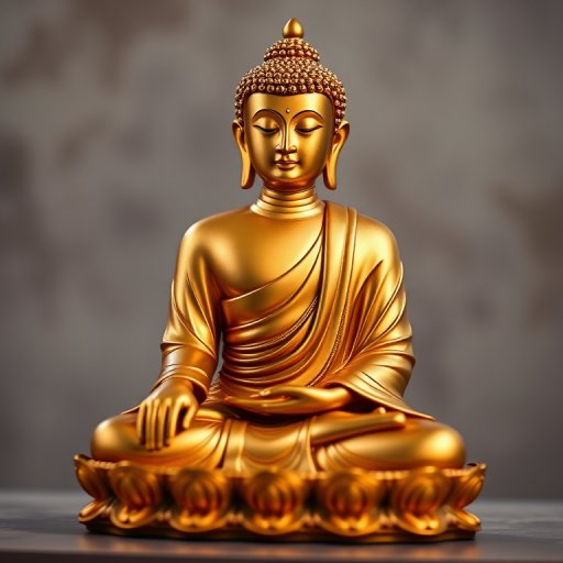 Create a high-resolution digital illustration of a serene golden Buddha statue sitting in a lotus position with intricate details on the robe and facial features, using a DSLR camera with a 50mm lens, aperture f/1.8, ISO 100, soft natural lighting, and a shallow depth of field to enhance the quality and clarity of the image.