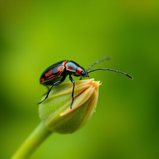 macro shot of a beetle on a plant bud with a blurred green background, focal length 100mm, aperture f/2.8, ISO 200, natural lighting, DSLR camera, shallow depth of field