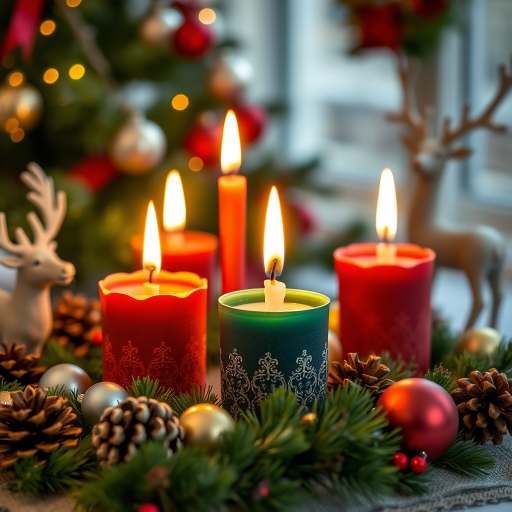 Regenerate a cozy holiday scene featuring four lit candles in colorful holders surrounded by pinecones, ornaments, and a decorative reindeer, shot with a DSLR camera using a 50mm lens, aperture f/2.8, ISO 200, with a shallow depth of field to enhance the foreground details and a soft bokeh effect in the background.