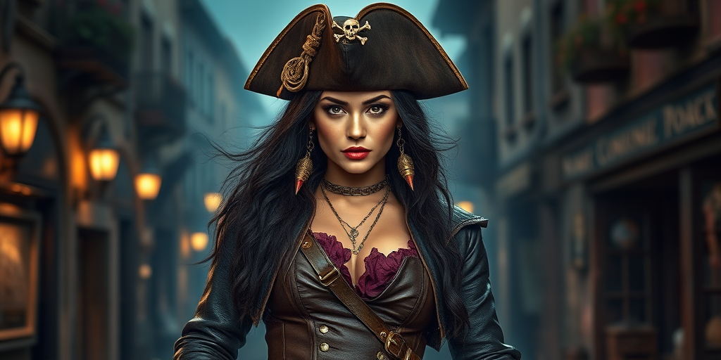 Create a portrait of a fierce female pirate. She wears a leather tricorn hat adorned with a skull and crossbones emblem, and her long, dark hair flows around her face. Her outfit consists of a richly detailed leather jacket, a corset, and multiple layers of belts and accessories, giving her a formidable and stylish appearance. She stands confidently in a dimly lit, historic port town, with a backdrop of weathered buildings and cobblestone streets, capturing the adventurous spirit of a pirate.