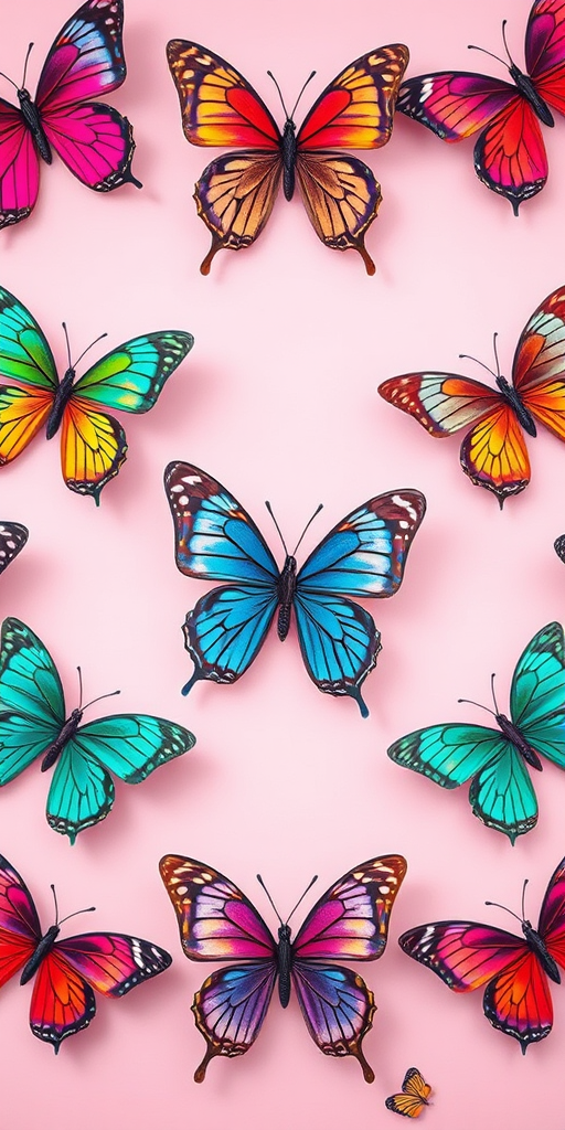 Create a high-resolution pattern design of colorful butterflies on a soft pink background, using a Canon EOS R with a 50mm lens at f/2.8, ISO 100, shutter speed 1/125s, vibrant colors, sharp focus, and subtle bokeh effect.