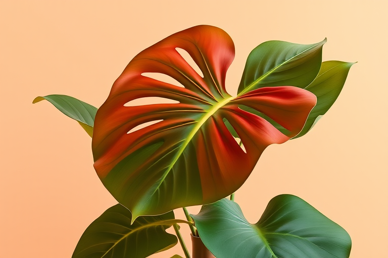 Create a high-resolution artistic illustration of a colorful monstera leaf in a simple brown vase against a soft peach background, using a DSLR camera with a 50mm lens, aperture f/2.8, ISO 100, and natural light to enhance color vibrancy and detail.