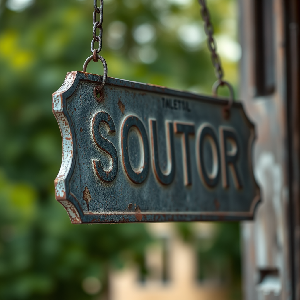 A weathered metal sign hanging from chains, captured with a Canon EOS R5, 50mm lens, f/2.8 aperture, ISO 100, shallow depth of field, soft focus background, natural lighting to enhance texture and details.