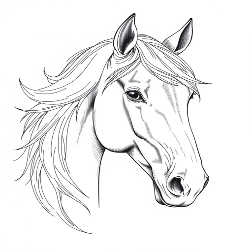 a detailed line drawing of a horse's head with flowing mane, captured in high resolution with a Canon EOS R5, aperture f/2.8, ISO 100, 50mm lens, soft natural lighting for enhanced texture and contrast