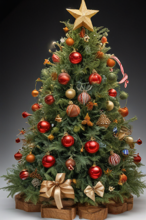 Festively Decorated Christmas Tree with Ornaments and Golden Star on Top