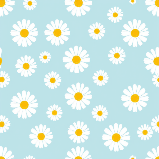 Create a seamless pattern featuring a light blue background filled with white daisies. Each daisy should have a bright yellow center and a simple, clean design. The flowers should be evenly spaced, creating a harmonious and cheerful floral pattern.