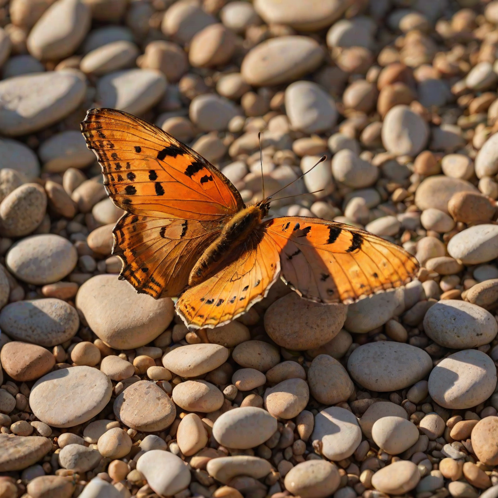 A vibrant orange and yellow butterfly with black markings is perched on a bed of small, brown pebbles in the warm, golden light of a setting sun. The butterfly is facing the viewer with its wings slightly raised, creating a sense of delicate movement. The background is a soft, blurred green and yellow, creating a gentle, natural atmosphere. The image is captured in a close-up perspective, focusing on the butterfly's intricate details and the warm glow of the sunlight.