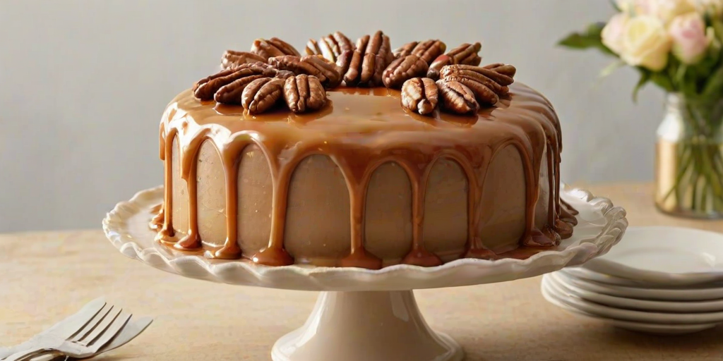 Create an image of a beautifully decorated cake with a rich caramel glaze. The cake should have a golden-brown color, topped with pecans, and show a slice cut out to reveal its moist interior. The setting should be elegant, with the cake displayed on a decorative cake stand.