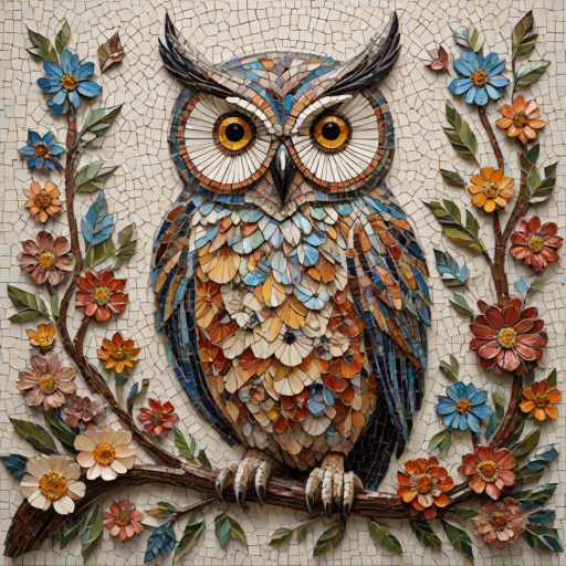 A mosaic of floral owls, one owl intricately composed of individual flower blossoms. The design showcases a delicate balance of nature and form, where the feathers of the owls are replaced by vibrant petals and blooms. The overall appearance is whimsical yet detailed, with each floral element contributing to the intricate patterns of the owl’s body. The artwork embraces a raw, organic style, with natural hues and soft textures, creating a harmonious blend of flora and fauna. The mosaic arrangement adds depth and visual intrigue to the piece, evoking a sense of wonder and artistic beauty.