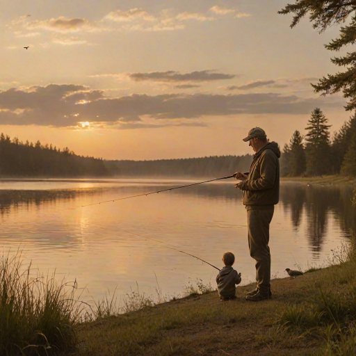 Warmly lit image of a father teaching his child how to fish at dawn, soft glow from the early morning sun reflecting off the water, fishing poles in hand, distant birds flying overhead, and the sound of water lapping at the shore.