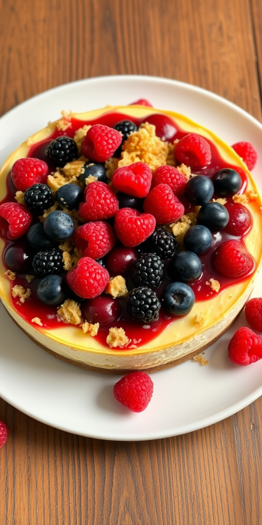 A delicious cheesecake topped with a layer of mixed berries and a crumbly topping, placed on a white plate with fresh raspberries scattered around, set on a wooden surface.