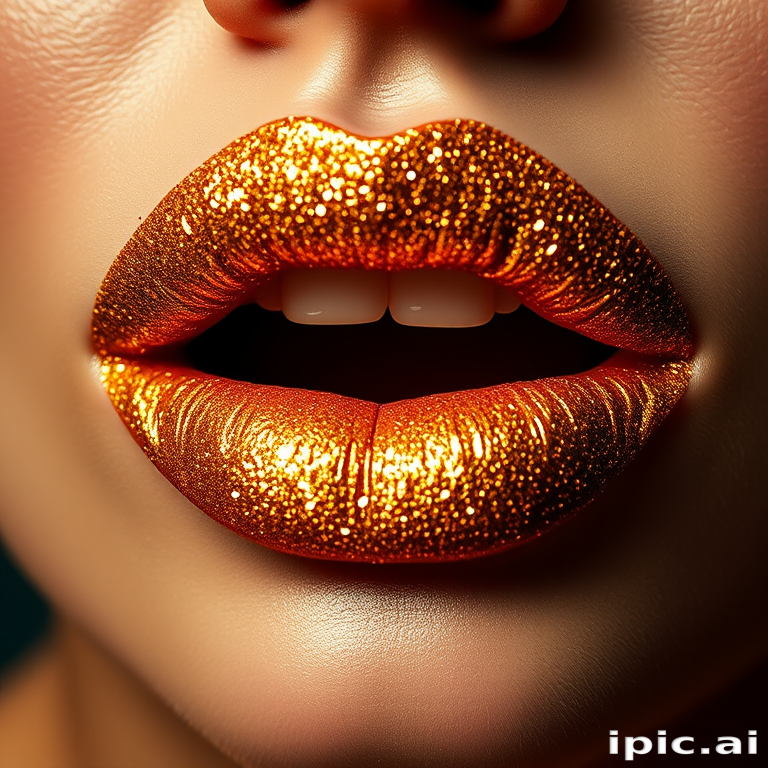Glittery gold lips that sparkle and shine, catching the light with every movement, creating a glamorous and eye-catching focal point