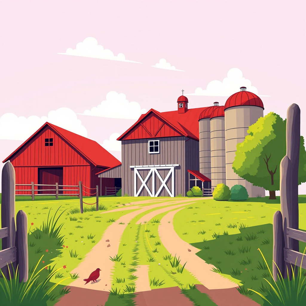 Illustration of a rural barn scene with red roof and silos, perspective view, vector style, 4k resolution, shot with a digital camera at f/8 aperture, ISO 100, 24mm lens for wide angle capture.