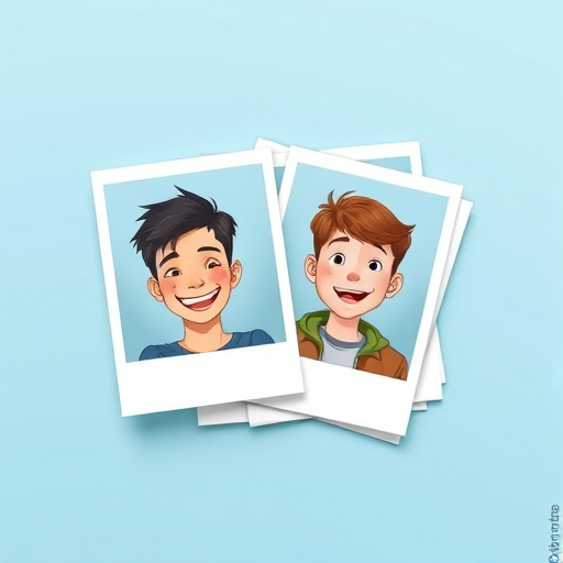 Create an illustration of four stacked polaroid photos featuring two cartoonish young men with cheerful expressions, set against a solid light blue background, using a Canon EOS R5 with a 50mm f/1.8 lens at f/2.8, ISO 100, and a shallow depth of field for a soft focus effect.