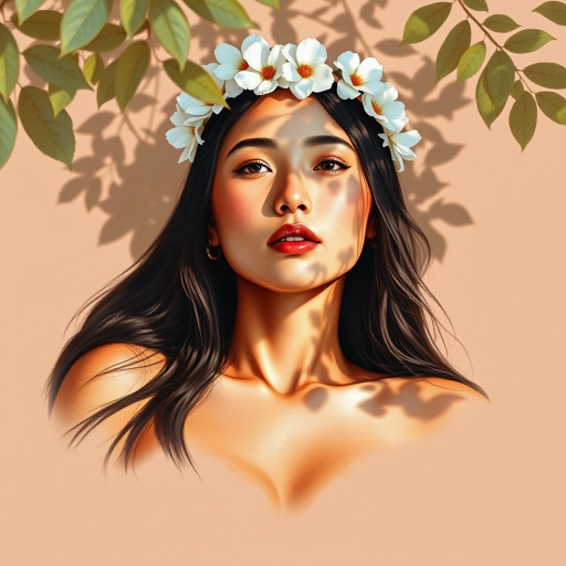 create a watercolor painting of an ethereal portrait of beautiful First Nations woman with a simple white flower crown on her head. Her hair is long and she is lying on the ground. The sunlight on the trees casts shadows from the leaves on her face and body. The background is a neutral brown color that matches her skin tone. The image is minimalist and solid colors. This style is characterized by soft, delicate brushstrokes and a light, airy, contrasting color palette. High level of detail and play of light