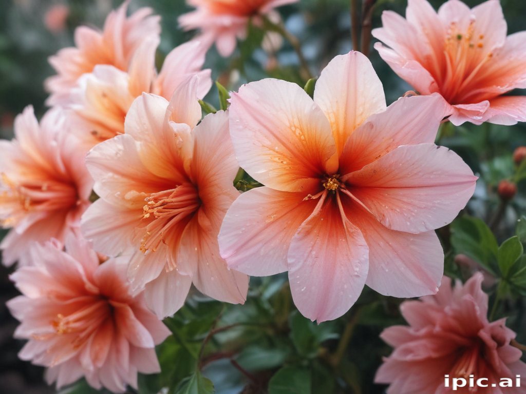 Delicate Pink Flowers Blooming in a Lush Garden Setting with Dewdrops