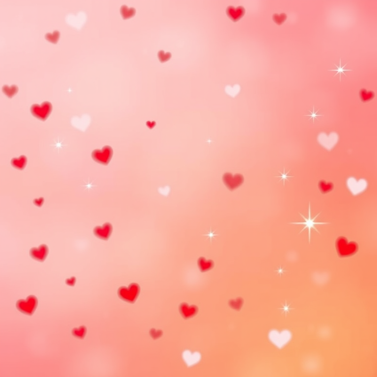 Generate an image of a gradient background with soft pink and orange hues, scattered red and white hearts, and sparkling stars using a DSLR camera with an f/1.8 aperture, 50mm lens, and soft bokeh effect.