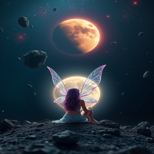 Create an ethereal scene of a fairy with purple hair sitting gracefully in front of a glowing planet surrounded by asteroids, using a DSLR camera, 50mm lens, f/2.8 aperture, ISO 100, 1/200 sec shutter speed, and a high dynamic range to enhance colors and details in the cosmic background.