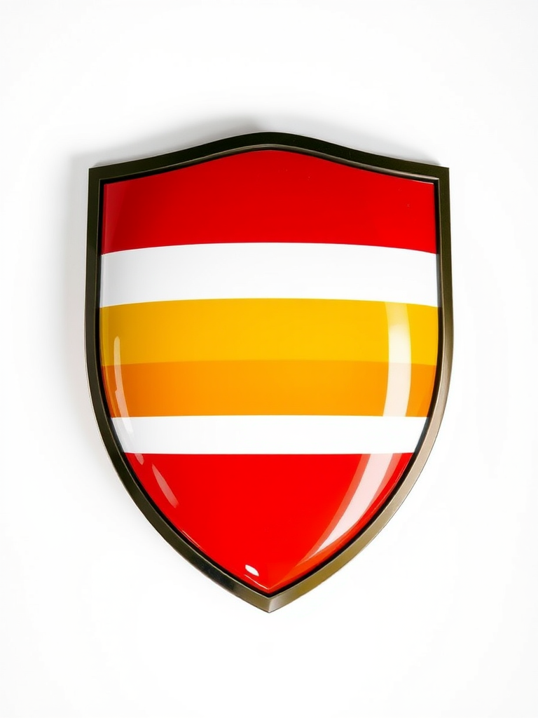 Generate a high-resolution image of a shield emblem featuring horizontal stripes of white, red, and yellow, with a glossy finish, using a 50mm lens at f/2.8, ISO 100, and a slight vignette effect, shot from a frontal view with soft lighting.