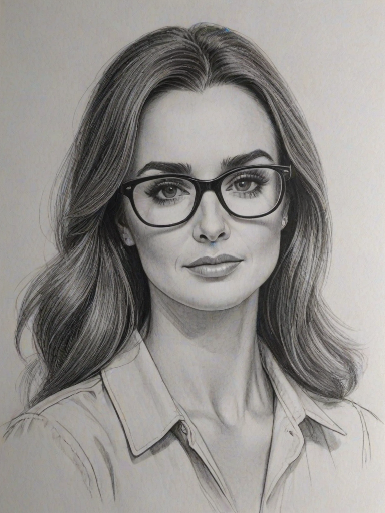 Graceful Kyle Richards, pencil sketch, portrait of Superb woman 1972s in glasses, hair style beatnik, outline, clear lines, fine lines, 8k