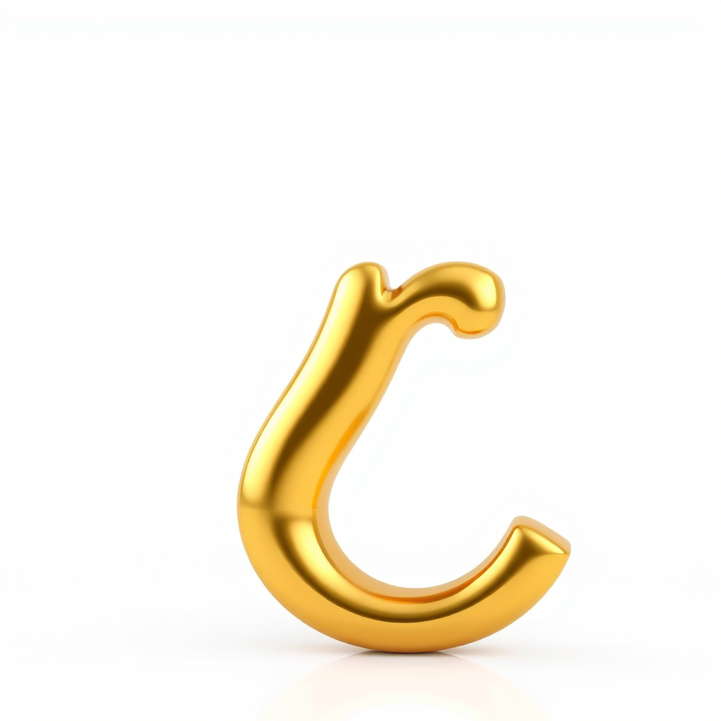Create a high-resolution 3D rendering of a glossy golden letter "r" with soft highlights and shadows, using a DSLR camera with a 50mm lens, f/1.8 aperture, ISO 100, and a shallow depth of field, set against a clean white background.