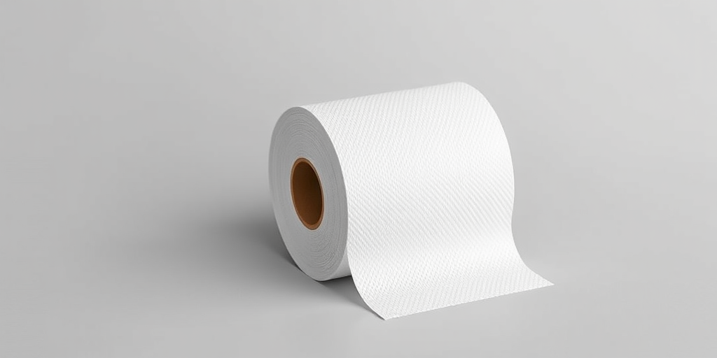 Create a high-resolution 3D render of a single roll of white paper towel on a neutral grey background, using a Canon EOS R5 with a 50mm f/1.2 lens, aperture set to f/2.8, ISO 100, and 1/125 second shutter speed, with soft studio lighting to enhance texture and depth.