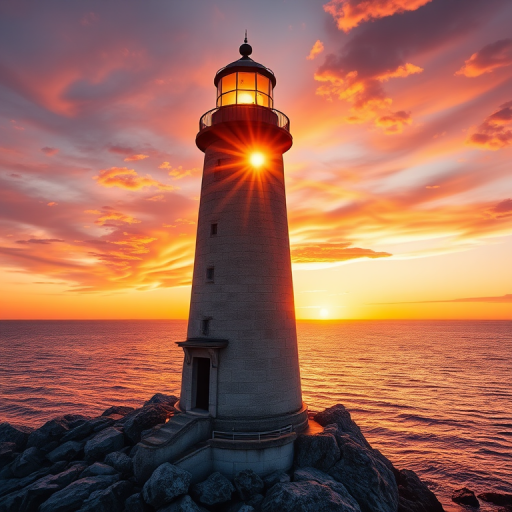 Generate an image of a tall lighthouse perched on a rocky outcrop surrounded by calm ocean waters during a breathtaking sunset. The lighthouse stands sturdy and weathered, its stone surface illuminated by the warm golden light of the setting sun. The sun's rays pass directly through the glass lantern room at the top of the lighthouse, casting a brilliant light across the scene. The sky is painted with vibrant shades of orange, pink, and purple, reflecting off the tranquil sea. The surrounding water shimmers with the same warm hues, creating a serene and majestic atmosphere.