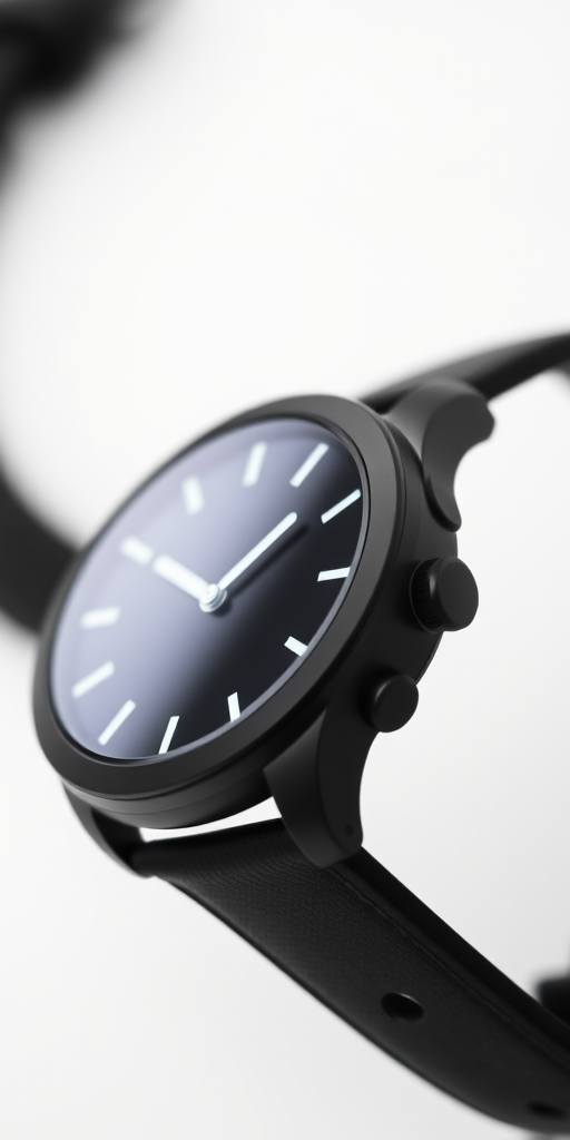high-resolution close-up of a sleek black watch with a minimalist design, shallow depth of field, ISO 100, aperture f/2.8, 50mm lens, soft diffused lighting, white background, studio photography