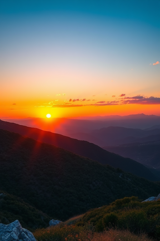 Create a vibrant landscape with a sunset over the mountains, using a Canon EOS R5, 50mm lens, f/1.8 aperture, ISO 100, 1/200 sec shutter speed, shot in portrait mode with HDR processing for enhanced detail.