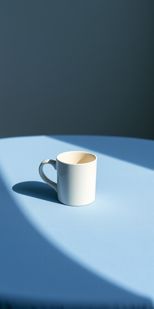 A minimalist scene featuring a white ceramic mug centered on a smooth blue tablecloth, captured with a Canon EOS R5 camera at f/2.8, ISO 100, 1/125s, using a 50mm lens, with soft diffused natural lighting for enhanced image quality and clarity.
