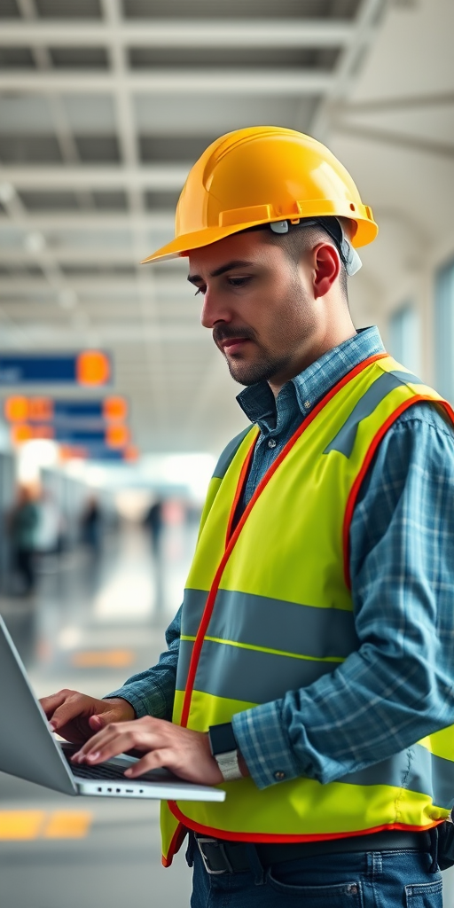 Generate an image of a construction worker in a safety vest and hard hat, focused on a laptop at an airport terminal, with natural light streaming in, using a 50mm lens, f/2.8 aperture, ISO 200, and a shallow depth of field to enhance background blur.