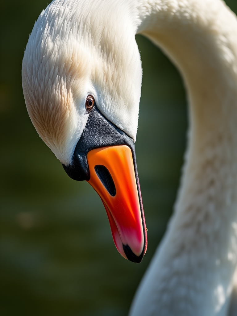 Capture a close-up of a swan elegantly bending its neck to eat, using a Canon EOS R5 at f/2.8, 1/500s shutter speed, ISO 100, in natural light with a shallow depth of field, focusing on the swan's vibrant beak and soft feathers, with a blurred background for emphasis.