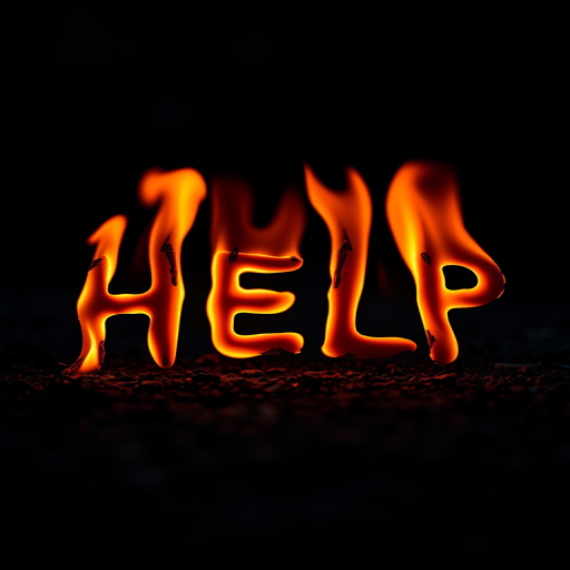 Create an image of the word "HELP" written in flames, using a Canon EOS R5 camera, aperture f/1.8, ISO 100, shutter speed 1/400s, low angle view, macro photography style for enhanced clarity and detail.
