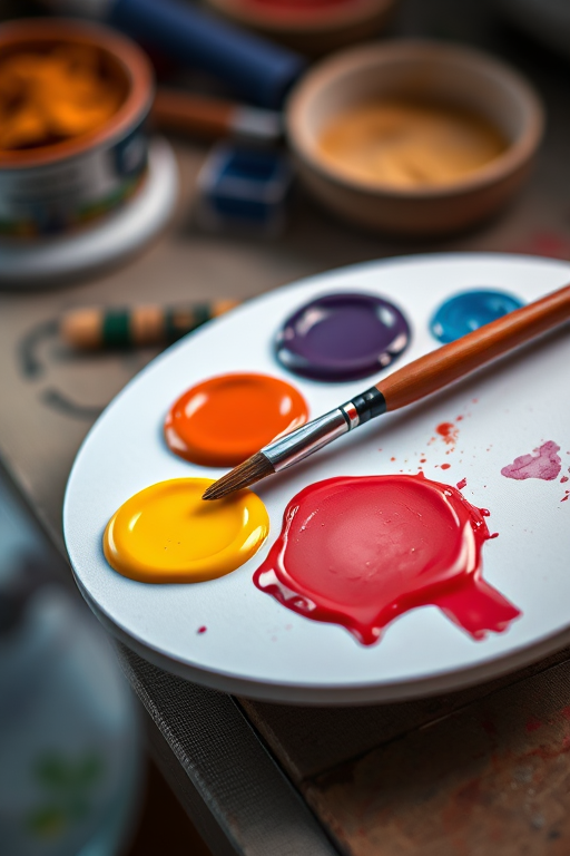 illustration of a painter's palette with six vibrant paint blobs and a paintbrush resting on it, studio lighting, 50mm lens, f/8 aperture, ISO 100, soft focus background