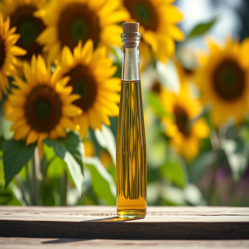 capture a glass bottle of oil with a cork stopper set on a wooden table, surrounded by vibrant sunflowers in the background, use a shallow depth of field to blur the background, shot with a Canon EOS R5 at f/2.8, ISO 100, 50mm lens, natural lighting to enhance colors and details