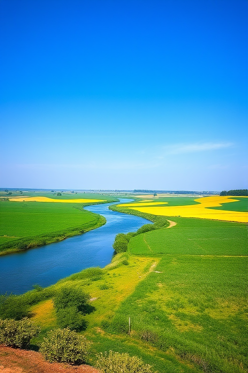 Generate a high-quality image of a serene landscape with a clear blue sky, lush green fields, and a calm river flowing through, captured with a Canon EOS R5, 24mm f/1.4 lens, ISO 100, shutter speed 1/100, in natural lighting, wide-angle view.