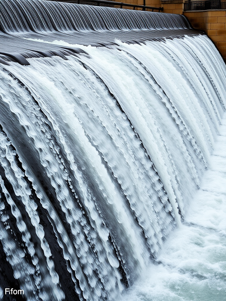 Create a high-resolution image of a flowing water dam, showcasing the water cascading over the structure with detailed textures and reflections, using a DSLR camera with a 50mm lens, aperture set to f/8 for depth of field, ISO 100 for low noise, and a shutter speed of 1/250 seconds to freeze the motion of the water.