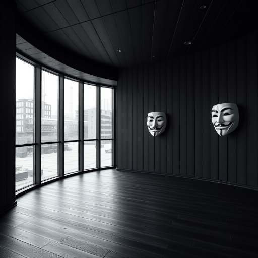 Create a high-resolution image of a dark, modern room with black wooden walls and large windows revealing an industrial setting outside, featuring two Guy Fawkes masks on the walls, captured with a DSLR camera at f/2.8, ISO 100, 24mm focal length, in a wide-angle view to enhance depth and detail.