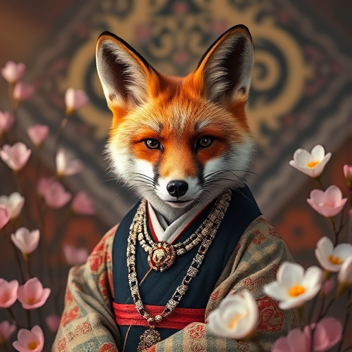 A fox wearing traditional Japanese clothing with intricate jewelry, surrounded by blooming flowers and a detailed patterned background, captured with a Canon EOS R5 at f/1.4, ISO 100, 50mm lens, shallow depth of field, soft focus effect for artistic quality.
