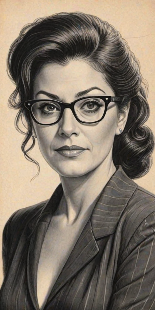 Fetching Marina Sirtis, pencil sketch, portrait of Bewitching woman 1950s in glasses, hair style beatnik, outline, clear lines, fine lines, 8k