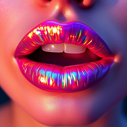 Holographic lips shimmering with iridescent rainbow hues, catching and reflecting light from every angle, creating a mesmerizing and otherworldly effect