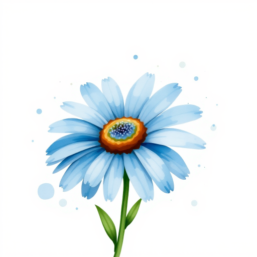 A single blue daisy flower in a loose, whimsical watercolor style. The petals are unevenly spread, with soft blue and brown tones. The stem is thin and slightly curved, with two green leaves, while watercolor splatters create an organic, artistic effect around the flower. The background is light beige with natural watercolor textures and splashes.